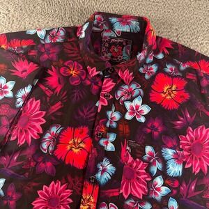 Retro Rifle Shirt Mens 2XL Tropical Fields Hawaiian Floral Button Up Stretch